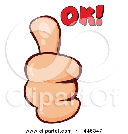 Clipart of a Cartoon White Thumb up Emoji Hand with Ok Text - Royalty Free Vector Illustration by Hit Toon