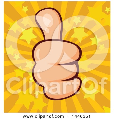 Clipart of a Cartoon White Thumb up Emoji Hand over a Starburst - Royalty Free Vector Illustration by Hit Toon