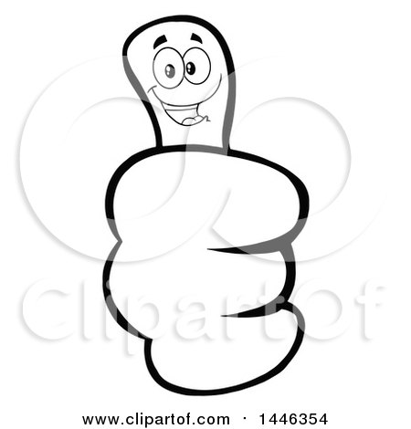 Clipart of a Cartoon Black and White Lineart Thumb up Emoji Hand Character - Royalty Free Vector Illustration by Hit Toon
