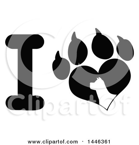 Clipart of a Black and White Letter I and Heart Shaped Paw Print with a Silhouetted Dog - Royalty Free Vector Illustration by Hit Toon