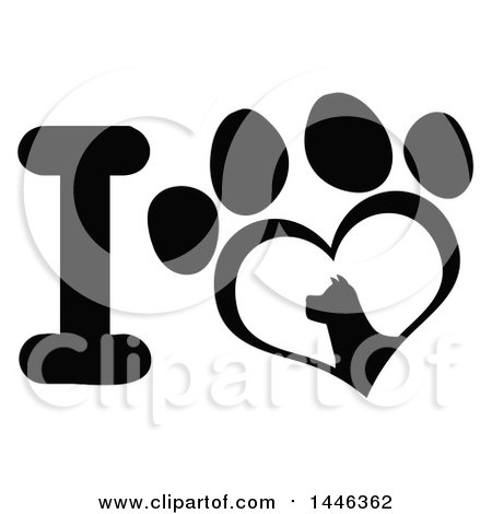 Clipart of a Black and White Letter I and Heart Shaped Paw Print with a Silhouetted Dog - Royalty Free Vector Illustration by Hit Toon