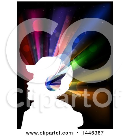 Clipart of a White Profiled Silhouetted Man Wearing Headphones over Colorful Lights - Royalty Free Vector Illustration by BNP Design Studio