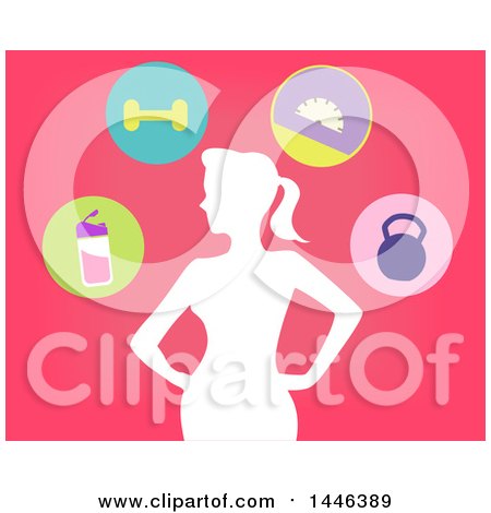 Clipart of a White Silhouetted Fit Woman with Health Icons on Pink - Royalty Free Vector Illustration by BNP Design Studio