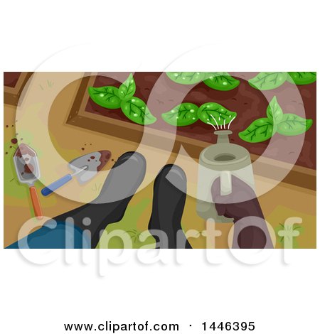 Clipart of a Downward View of a Gardener's Feet in Boots and Hand Using a Watering Can in a Garden - Royalty Free Vector Illustration by BNP Design Studio
