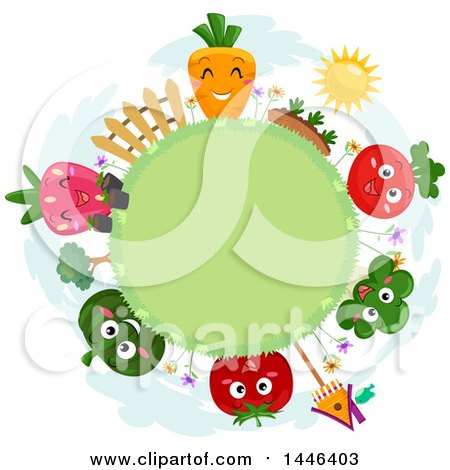 Clipart of a Round Grassy Globe Frame with Happy Fruits and Vegetables - Royalty Free Vector Illustration by BNP Design Studio