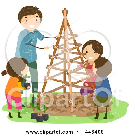 Clipart of a Happy Brunette White Family with a Trellis in Their Garden - Royalty Free Vector Illustration by BNP Design Studio