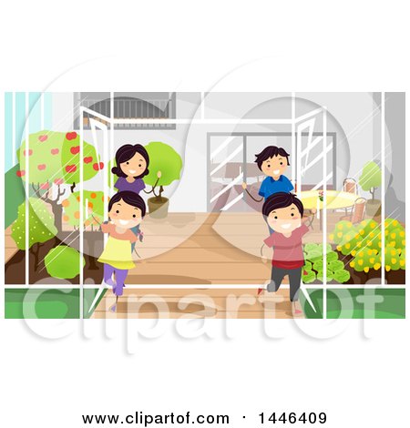 Clipart of a Happy White Family Welcoming Visitors in Their Greenhouse - Royalty Free Vector Illustration by BNP Design Studio