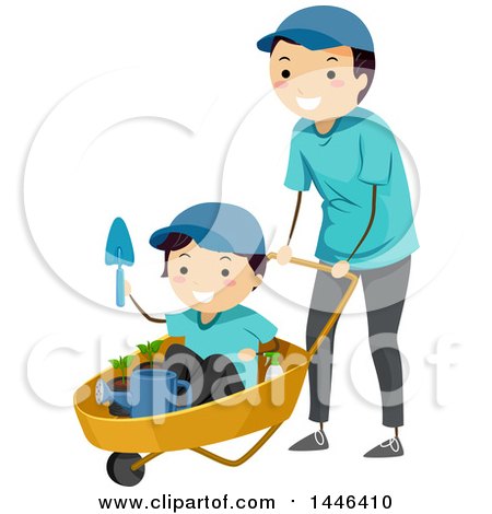 Clipart of a Happy Brunette White Male Father Pushing His Son in a Gardening Cart - Royalty Free Vector Illustration by BNP Design Studio
