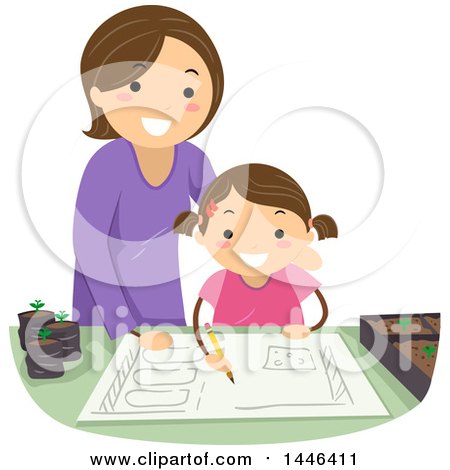 Clipart of a Happy Brunette White Mother Helping Her Daughter Plan a Garden - Royalty Free Vector Illustration by BNP Design Studio