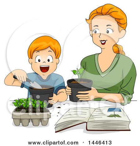 Clipart of a Cartoon Happy Red Haired White Mother Transplanting Seedings with Her Son - Royalty Free Vector Illustration by BNP Design Studio