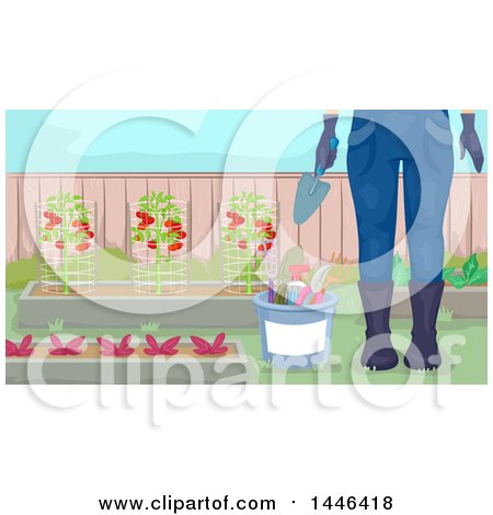 Clipart of a Cropped Woman in Garden Gear, Standing by Tools and Plants - Royalty Free Vector Illustration by BNP Design Studio