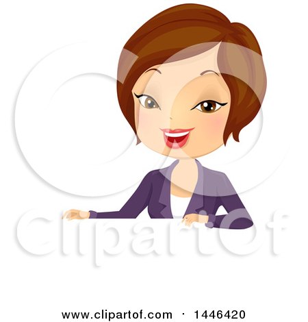 Clipart of a Short Haired Brunette White Business Woman over a Sign - Royalty Free Vector Illustration by BNP Design Studio