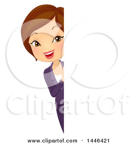Clipart of a Short Haired Brunette White Business Woman Looking Around a Sign - Royalty Free Vector Illustration by BNP Design Studio
