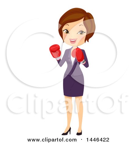 Clipart of a Short Haired Brunette White Business Woman Wearing Boxing Gloves - Royalty Free Vector Illustration by BNP Design Studio