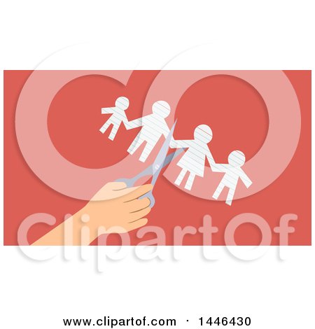 Clipart of a Hand Using Scissors to Cut a Paper Family in Half, over Pink - Royalty Free Vector Illustration by BNP Design Studio