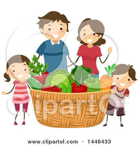 Clipart of a Happy Brunette White Family Around a Giant Produce Basket - Royalty Free Vector Illustration by BNP Design Studio