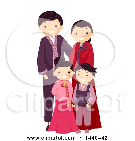 Clipart of a Happy Korean Family in Traditional Clothing - Royalty Free Vector Illustration by BNP Design Studio