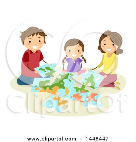 Clipart of a Happy Brunette White Family Assembling a Geography Jigsaw Puzzle - Royalty Free Vector Illustration by BNP Design Studio