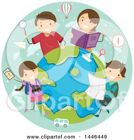 Clipart of a Happy Brunette White Family Learning About World Travel - Royalty Free Vector Illustration by BNP Design Studio