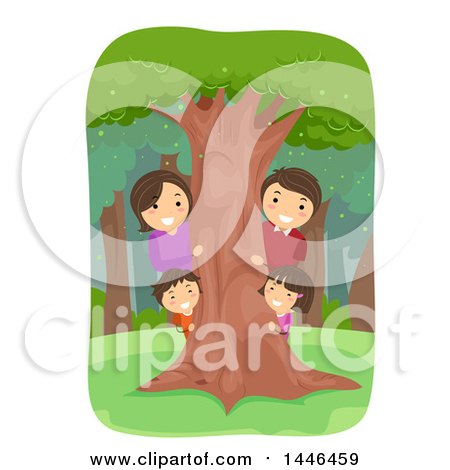 Clipart of a Happy Brunette Family Looking Around a Tree in the Woods - Royalty Free Vector Illustration by BNP Design Studio