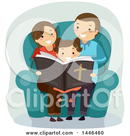 Clipart of a Happy Brunette Family Reading the Bible - Royalty Free Vector Illustration by BNP Design Studio