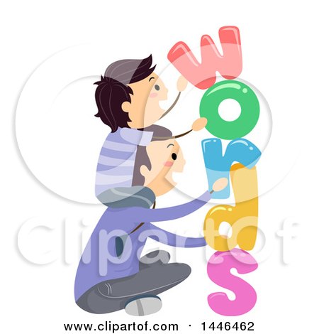 Clipart of a Happy Brunette by on His Dad's Shoulders, Speling WORDS - Royalty Free Vector Illustration by BNP Design Studio
