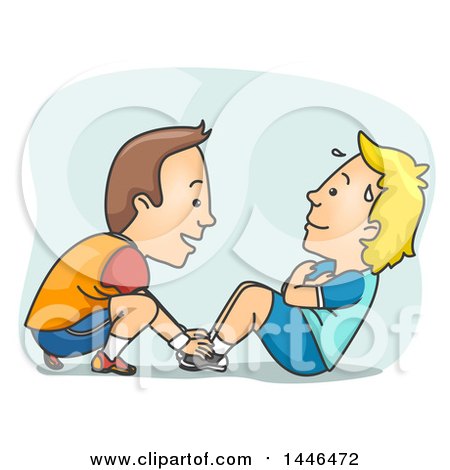 Clipart of a Cartoon White Male Personal Trainer Working with a Client on Situps - Royalty Free Vector Illustration by BNP Design Studio