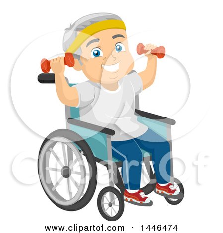 Clipart of a Happy White Senior Man in a Wheelchair, Working out with Dumbbells - Royalty Free Vector Illustration by BNP Design Studio