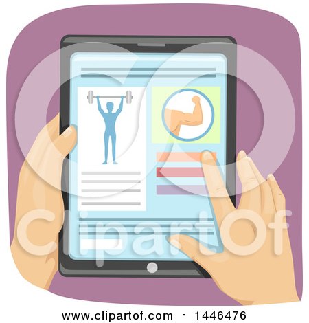 Clipart of a Pair of Hands Holding and Using a Fitness App on a Tablet - Royalty Free Vector Illustration by BNP Design Studio