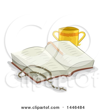 Clipart of a Sketched Rosary on an Open Bible, with a Two Handled Chalice - Royalty Free Vector Illustration by BNP Design Studio