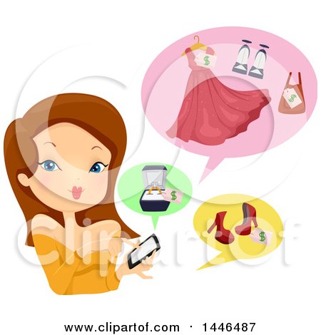 Clipart of a Brunette White Woman Using a Smart Phone to Shop - Royalty Free Vector Illustration by BNP Design Studio