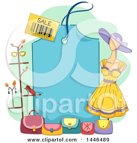 Clipart of a Mannequin, Purses and Stand Around a Blank Blue Sales Tag - Royalty Free Vector Illustration by BNP Design Studio