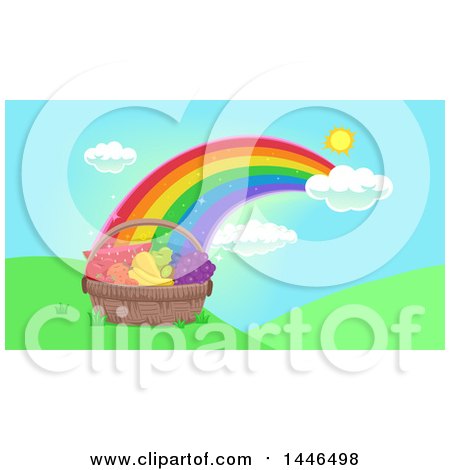 Clipart of a Basket of Healthy Fruits and Vegetables at the End of a Rainbow - Royalty Free Vector Illustration by BNP Design Studio