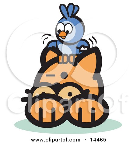 Brave Bluebird Sitting On An Orange Cat's Head And Teasing Him Clipart Illustration by Andy Nortnik