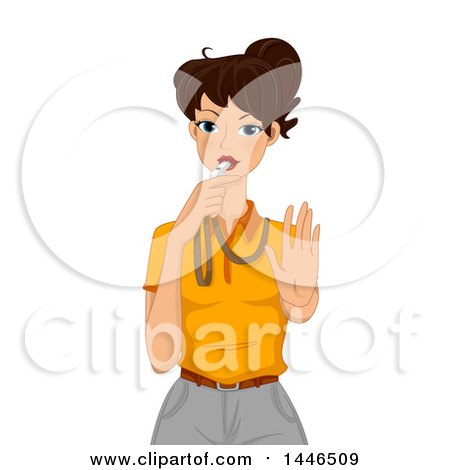 Clipart of a Brunette White Female Referee Blowing a Whistle and Holding out a Hand - Royalty Free Vector Illustration by BNP Design Studio