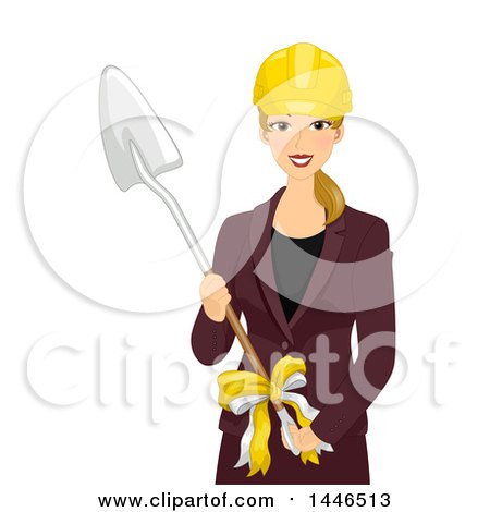 Clipart of a Happy Blond White Woman Holding a Shovel at a Groundbreaking Ceremony - Royalty Free Vector Illustration by BNP Design Studio