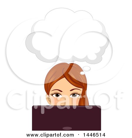 Clipart of a Brunette White Woman Thinking and Using a Laptop - Royalty Free Vector Illustration by BNP Design Studio
