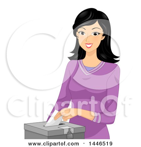 Clipart of a Happy Black Haired White Woman Putting a Voters Ballot in a Box - Royalty Free Vector Illustration by BNP Design Studio