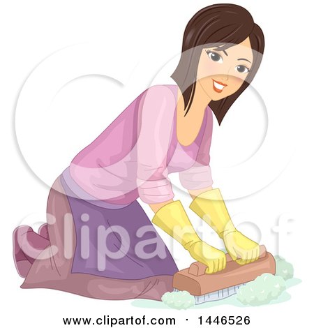 Clipart of a Happy Brunette White Woman Kneeling and Scrubbing a Floor with a Brush - Royalty Free Vector Illustration by BNP Design Studio