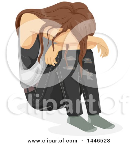Clipart of a Depressed Brunette White Teenage Girl Crying over Her Knees - Royalty Free Vector Illustration by BNP Design Studio