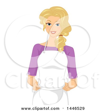 Clipart of a Happy Blond White Woman Wearing an Apron and Standing with Her Hands on Her Hips - Royalty Free Vector Illustration by BNP Design Studio