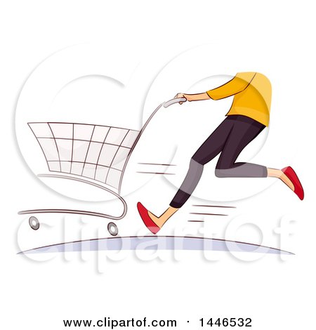 Clipart of a Sketched Cropped Hurried Female Shopper Running with a Cart - Royalty Free Vector Illustration by BNP Design Studio