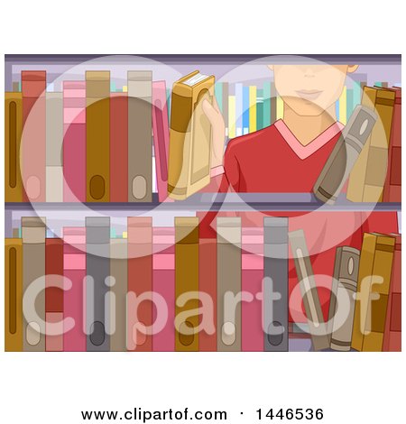 Clipart of a White Man Selecting a Book from a Library Shelf - Royalty Free Vector Illustration by BNP Design Studio