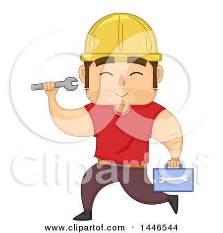 Clipart of a Cartoon Strong Brunette White Male Worker Running with a Tool Box and Wrench - Royalty Free Vector Illustration by BNP Design Studio