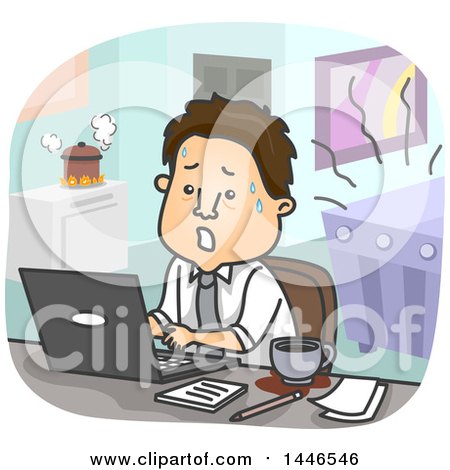 Clipart of a Cartoon Stressed Brunette White Business Man Working and Being Distracted - Royalty Free Vector Illustration by BNP Design Studio