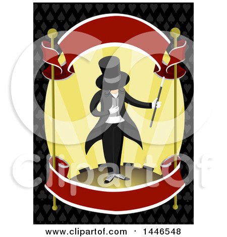 Clipart of a Male Magician Bowing on Stage, with Ribbon Banners over a Pattern - Royalty Free Vector Illustration by BNP Design Studio