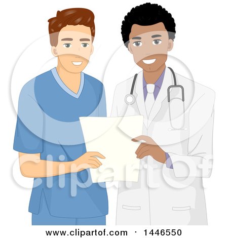 Clipart of a Happy Black Male Doctor Handing Results to a White Male Nurse or Patient - Royalty Free Vector Illustration by BNP Design Studio