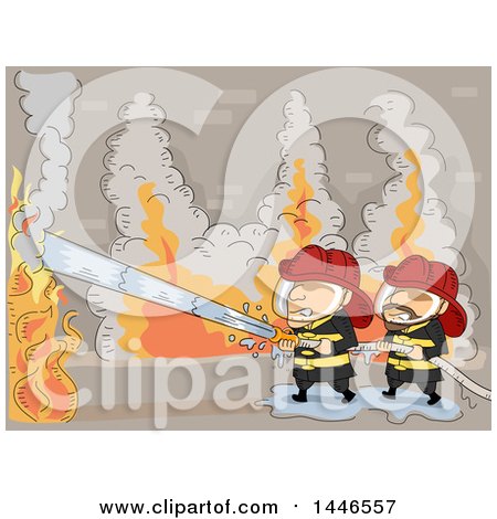Clipart of Fire Men Operating a Hose to Extinguish a Fire - Royalty Free Vector Illustration by BNP Design Studio
