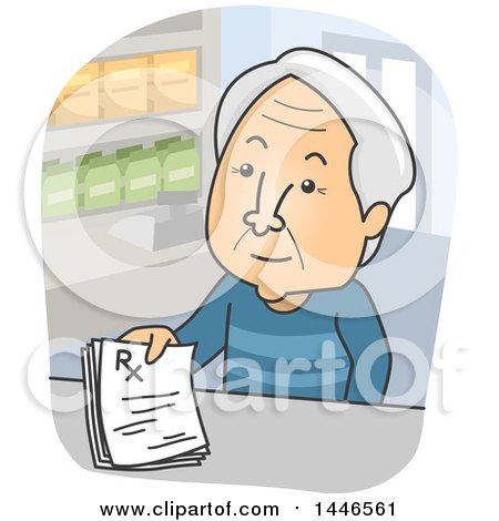 Clipart of a Cartoon White Senior Man Turning in a Prescription to a Pharmacy - Royalty Free Vector Illustration by BNP Design Studio
