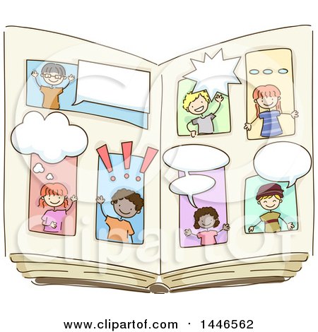 Clipart of a Sketched Open Book with Children Talking - Royalty Free Vector Illustrationz by BNP Design Studio